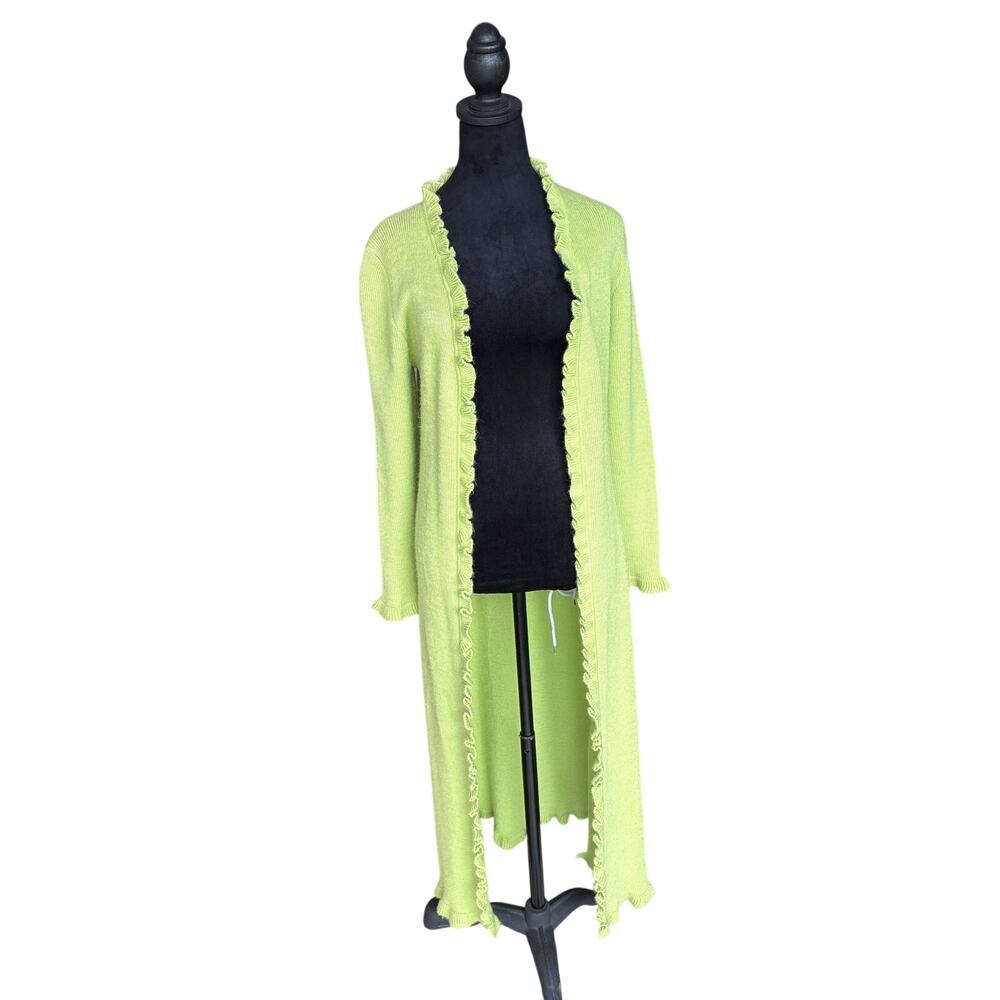 Alpaca Brand Lime Green Open Duster Cardigan Ruffle Edge L